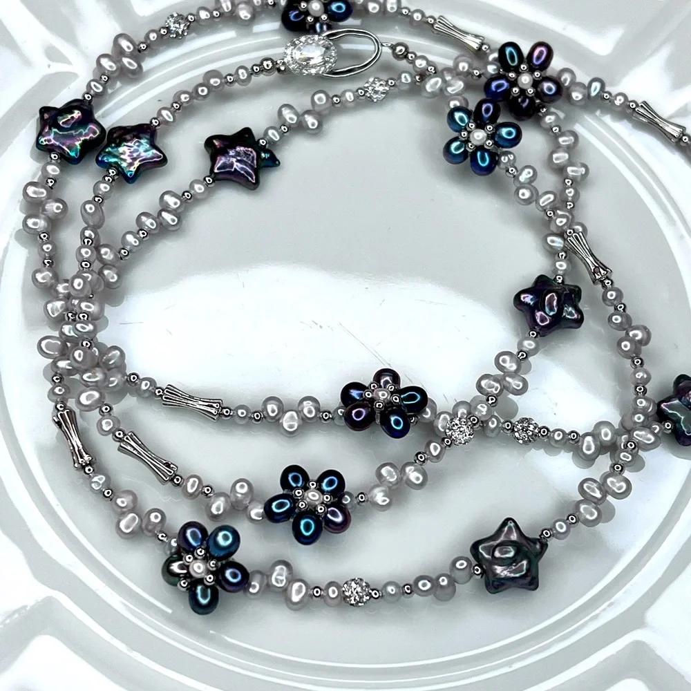 Handmade Freshwater Silvery Gray Peacock Flower 🌺 Star  Pearl Ex Long Necklace - Picture 5 of 5